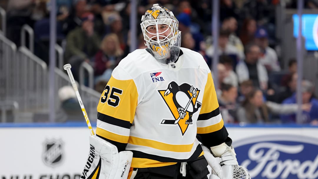 Dec 28, 2024; Elmont, New York, USA; Pittsburgh Penguins goaltender Tristan Jarry (35) reacts during the second period against the New York Islanders at UBS Arena.