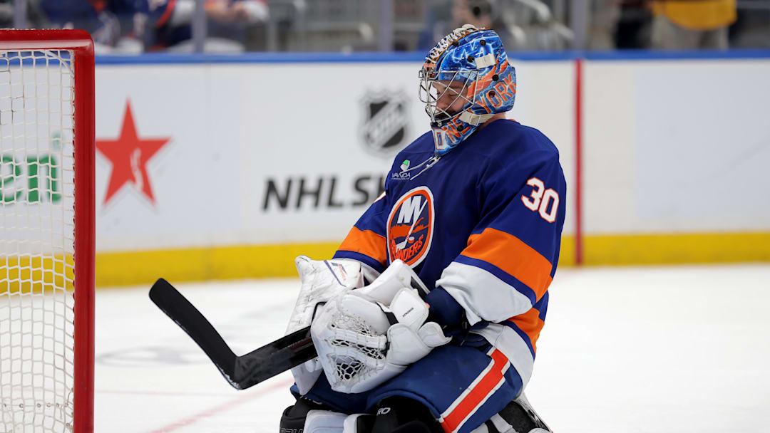 Mar 30, 2026; Elmont, New York, USA; New York Islanders goaltender Ilya Sorokin (30) reacts after a goal by Pittsburgh Penguins right wing Rickard Rakell (not pictured) during the third period at UBS Arena. Mandatory Credit: Brad Penner-Imagn Images