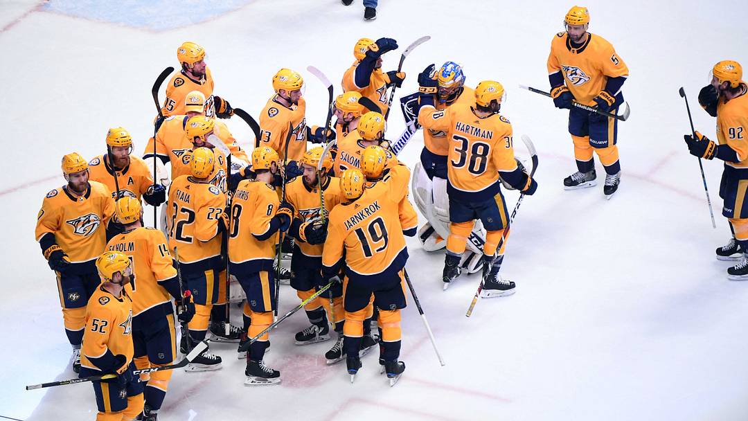 Dec 13, 2018; Nashville, TN, USA; Nashville Predators players celebrate after a game-winning goal by Nashville Predators center Colton Sissons (10) in overtime against the Vancouver Canucks at Bridgestone Arena. Mandatory Credit: Christopher Hanewinckel-USA TODAY Sports Dec 13, 2018; Nashville, TN, USA; Nashville Predators players celebrate after a game-winning goal by Nashville Predators center Colton Sissons (10) in overtime against the Vancouver Canucks at Bridgestone Arena. Mandatory Credit: Christopher Hanewinckel-USA TODAY Sports
