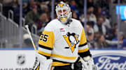 Dec 28, 2024; Elmont, New York, USA; Pittsburgh Penguins goaltender Tristan Jarry (35) reacts during the second period against the New York Islanders at UBS Arena. Mandatory Credit: Brad Penner-Imagn Images