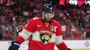 Jun 12, 2025; Sunrise, Florida, USA; Florida Panthers forward Aleksander Barkov (16) skates between play during the third period against the Edmonton Oilers in game four of the 2025 Stanley Cup Final at Amerant Bank Arena. Mandatory Credit: Jim Rassol-Imagn Images