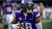 Oct 1, 2023; Charlotte, North Carolina, USA; Minnesota Vikings wide receiver Justin Jefferson (18) warms up before the game at Bank of America Stadium. Mandatory Credit: Bob Donnan-USA TODAY Sports