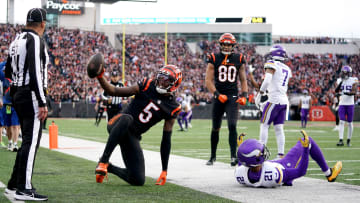 Cincinnati Bengals wide receiver Tee Higgins (5) gestures toward the official after catching a touchdown pass as Minnesota Vikings cornerback Akayleb Evans (21) defends in the fourth quarter of a Week 15 NFL football game between the Minnesota Vikings and the Cincinnati Bengals, Saturday, Dec. 16, 2023, at Paycor Stadium in Cincinnati. The Cincinnati Bengals won 27-24 in overtime.