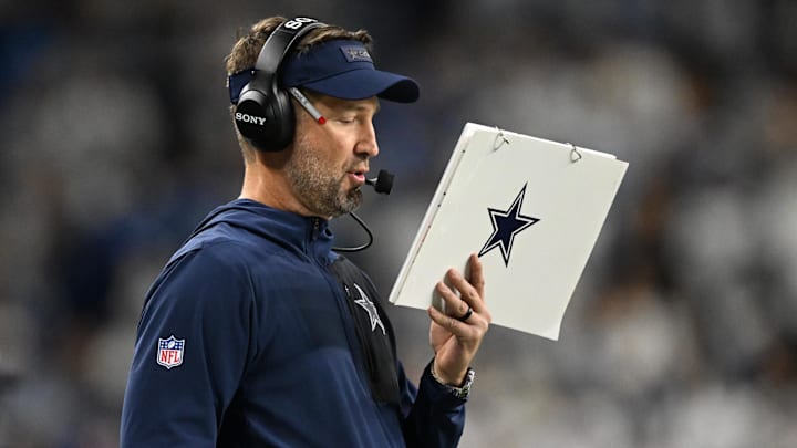 Dec 4, 2025; Detroit, Michigan, USA; Dallas Cowboys head coach Brian Schottenheimer during the second half against the Detroit Lions at Ford Field. Mandatory Credit: Lon Horwedel-Imagn Images
