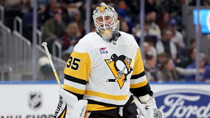 Dec 28, 2024; Elmont, New York, USA; Pittsburgh Penguins goaltender Tristan Jarry (35) reacts during the second period against the New York Islanders at UBS Arena.