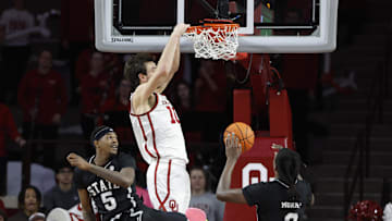 Feb 22, 2025; Norman, Oklahoma, USA; Oklahoma Sooners forward Sam Godwin (10) dunks against the Mississippi State Bulldogs during the first half at Lloyd Noble Center. Mandatory Credit: Alonzo Adams-Imagn Images