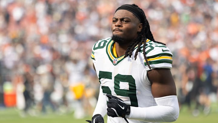 Sep 21, 2025; Cleveland, Ohio, USA; Green Bay Packers linebacker Ty'Ron Hopper (59) walks back to the locker room after the game against the Cleveland Browns at Huntington Bank Field. Mandatory Credit: Scott Galvin-Imagn Images