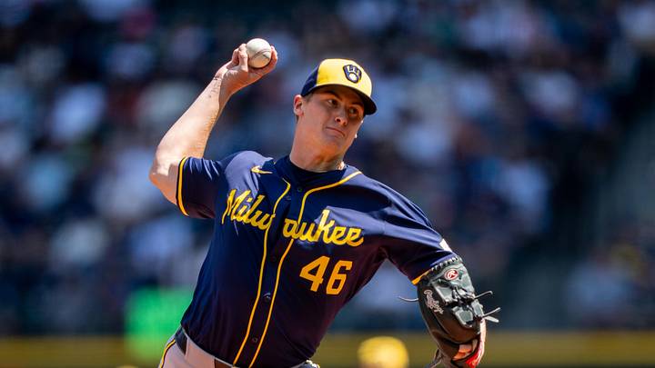 Jul 23, 2025; Seattle, Washington, USA;  Milwaukee Brewers starter Quinn Priester (46) delivers a pitch during the second inning against the Seattle Mariners at T-Mobile Park. Mandatory Credit: Stephen Brashear-Imagn Images