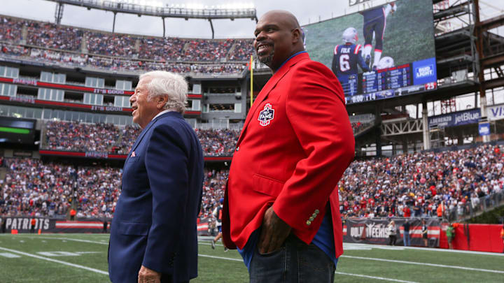 Sep 25, 2022; Foxborough, Massachusetts, USA; New England Patriots Hall of Famer Vince Wilfork reacts at halftime during a game against the Baltimore Ravens at Gillette Stadium. Mandatory Credit: Paul Rutherford-USA TODAY Sports