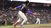May 13, 2025; San Francisco, California, USA; San Francisco Giants shortstop Willy Adames (2) hits a two-run home run against the Arizona Diamondbacks during the fifth inning at Oracle Park.