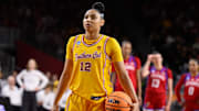 Mar 25, 2024; Los Angeles, CA, USA;  USC Trojans guard JuJu Watkins (12) gets ready to shoot free-throw during an NCAA Women’s Tournament 2nd round game against the Kansas Jayhawks at Galen Center. Mandatory Credit: Robert Hanashiro-Imagn Images