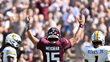 Texas A&M Aggies quarterback Conner Weigman (15) reacts in the second quarter against the Missouri Tigers at Kyle Field. 