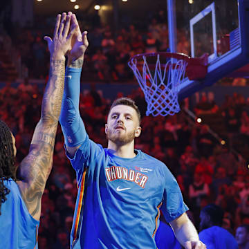 Oct 30, 2025; Oklahoma City, Oklahoma, USA; Oklahoma City Thunder center Isaiah Hartenstein (55) during introductions before a game against the Washington Wizards at Paycom Center. Mandatory Credit: Alonzo Adams-Imagn Images