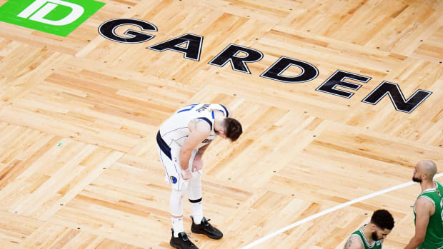 Jun 17, 2024; Boston, Massachusetts, USA; Dallas Mavericks guard Luka Doncic (77) reacts in the fourth quarter against the Boston Celtics during game five of the 2024 NBA Finals at TD Garden. Mandatory Credit: David Butler II-USA TODAY Sports