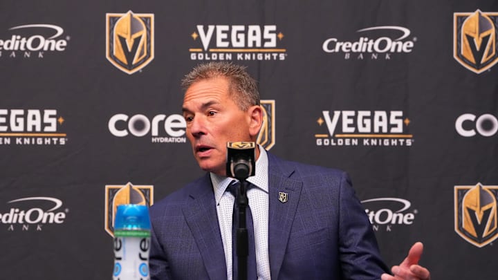 Nov 10, 2025; Las Vegas, Nevada, USA; Vegas Golden Knights head coach Bruce Cassidy takes questions during a presser after the Florida Panthers defeated the Golden Knights 3-2 at T-Mobile Arena. Mandatory Credit: Stephen R. Sylvanie-Imagn Images