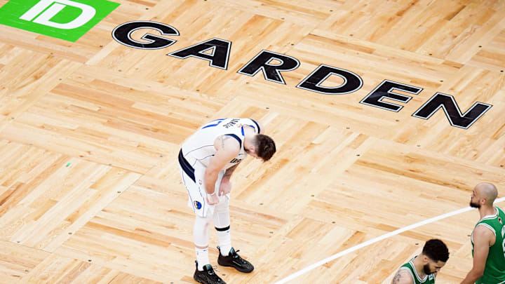 Jun 17, 2024; Boston, Massachusetts, USA; Dallas Mavericks guard Luka Doncic (77) reacts in the fourth quarter against the Boston Celtics during game five of the 2024 NBA Finals at TD Garden. Mandatory Credit: David Butler II-Imagn Images