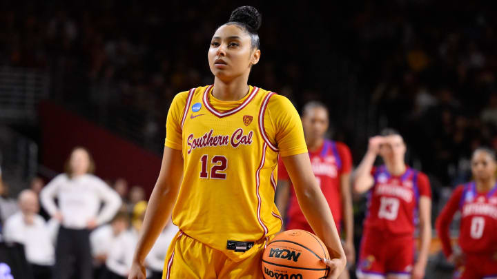 Mar 25, 2024; Los Angeles, CA, USA;  USC Trojans guard JuJu Watkins (12) gets ready to shoot free-throw during an NCAA Women’s Tournament 2nd round game against the Kansas Jayhawks at Galen Center. Mandatory Credit: Robert Hanashiro-USA TODAY Sports