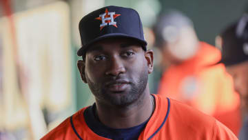Jun 14, 2024; Houston, Texas, USA;  Houston Astros left fielder Yordan Alvarez (44) walks around the dugout before playing against the Detroit Tigers at Minute Maid Park. Mandatory Credit: Thomas Shea-USA TODAY Sports