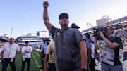 Oct 11, 2025; Atlanta, Georgia, USA; Georgia Tech Yellow Jackets head coach Brent Key celebrates after a victory over the Virginia Tech Hokies at Bobby Dodd Stadium at Hyundai Field. Mandatory Credit: Brett Davis-Imagn Images
