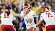 Oct 25, 2025; Tempe, Arizona, USA; Houston Cougars quarterback Conner Weigman (1) against the Arizona State Sun Devils at Mountain America Stadium. Mandatory Credit: Mark J. Rebilas-Imagn Images