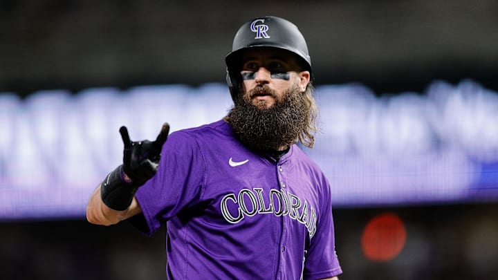 Colorado Rockies designated hitter Charlie Blackmon gestures in the fifth inning against the Los Angeles Dodgers at Coors Field. Colorado Rockies designated hitter Charlie Blackmon gestures in the fifth inning against the Los Angeles Dodgers at Coors Field.