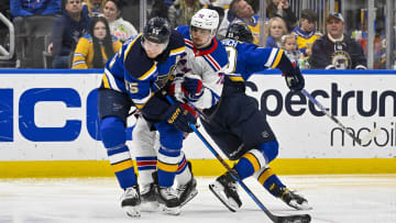 Apr 6, 2023; St. Louis, Missouri, USA;  St. Louis Blues defenseman Colton Parayko (55) and left wing Pavel Buchnevich (89) defend against New York Rangers center Filip Chytil (72) during the third period at Enterprise Center. Mandatory Credit: Jeff Curry-USA TODAY Sports