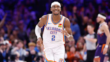 Feb 5, 2025; Oklahoma City, Oklahoma, USA; Oklahoma City Thunder guard Shai Gilgeous-Alexander (2) smiles after a basket against the Phoenix Suns during the second half of a game at Paycom Center. Mandatory Credit: Alonzo Adams-Imagn Images