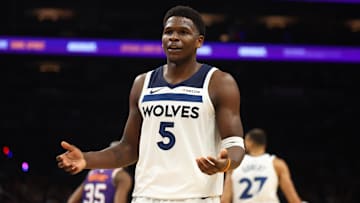 Jan 29, 2025; Phoenix, Arizona, USA; Minnesota Timberwolves guard Anthony Edwards (5) reacts against the Phoenix Suns at Footprint Center. Mandatory Credit: Mark J. Rebilas-Imagn Images