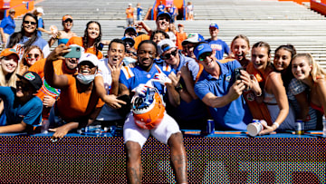 Florida Gators wide receiver Jacob Copeland (1) celebrates with fans after the game between the Florida Gators and the Vanderbilt Commodores at Ben Hill Griffin Stadium in Gainesville, FL on Saturday, October 9, 2021.

Flgai 100921 Gatorsfb Vanderbilt 6397 Mattpendleton