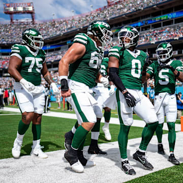 New York Jets running back Braelon Allen (0) celebrates his touchdown against the Tennessee Titans during the second quarter at Nissan Stadium in Nashville, Tenn., Sunday, Sept. 15, 2024.