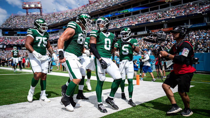 New York Jets running back Braelon Allen (0) celebrates his touchdown against the Tennessee Titans during the second quarter at Nissan Stadium in Nashville, Tenn., Sunday, Sept. 15, 2024.