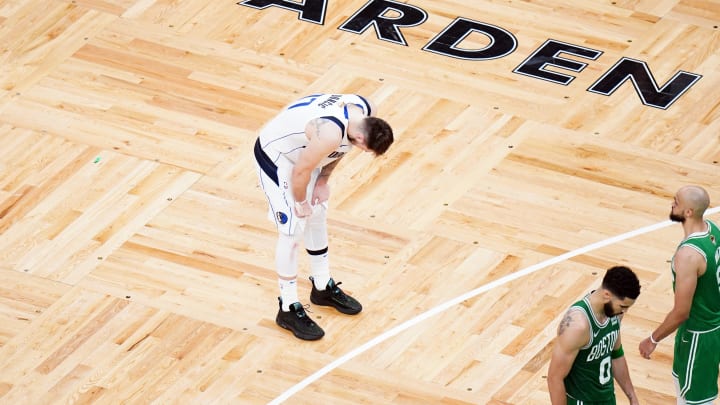 Mavericks guard Luka Doncic reacts in the fourth quarter against the Boston Celtics during Game 5 of the 2024 NBA Finals at TD Garden.