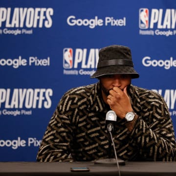 Apr 21, 2022; Denver, Colorado, USA; Denver Nuggets center DeMarcus Cousins (4) is interviewed after game three of the first round for the 2022 NBA playoffs against the Golden State Warriors at Ball Arena. Mandatory Credit: Isaiah J. Downing-USA TODAY Sports