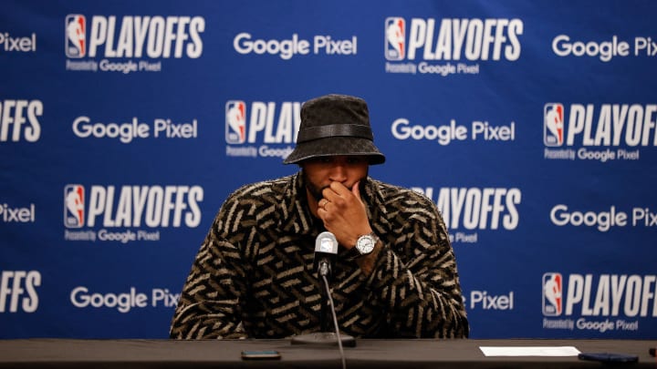 Apr 21, 2022; Denver, Colorado, USA; Denver Nuggets center DeMarcus Cousins (4) is interviewed after game three of the first round for the 2022 NBA playoffs against the Golden State Warriors at Ball Arena. Mandatory Credit: Isaiah J. Downing-USA TODAY Sports