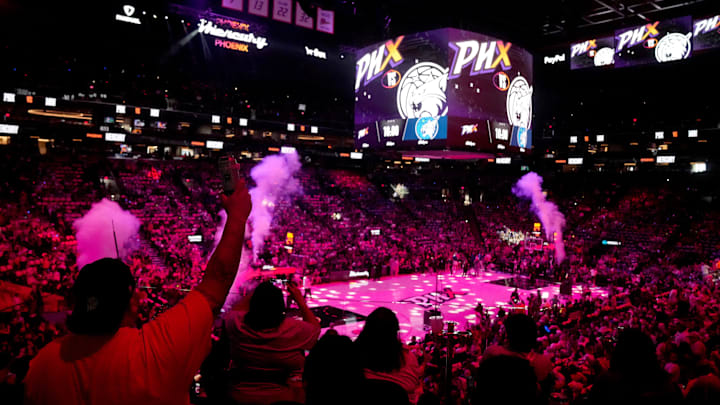 Fans cheer during player introductions in the WNBA semifinal playoff game between the Phoenix Mercury and Minnesota Lynx at PHX Arena on Sept. 28, 2025.
