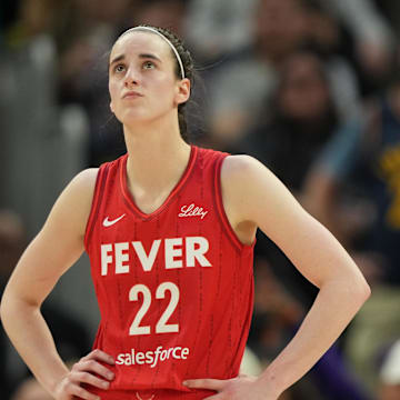 Indiana Fever guard Caitlin Clark reacts during the fourth quarter against the Golden State Valkyries at Chase Center.