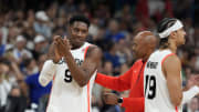 Aug 2, 2024; Villeneuve-d'Ascq, France; Canada small forward RJ Barrett (9) celebrates after defeating Spain in a men’s group A basketball game during the Paris 2024 Olympic Summer Games at Stade Pierre-Mauroy. Mandatory Credit: John David Mercer-USA TODAY Sports