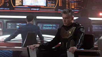 L-R Ethan Peck as Spock and Anson Mount as Capt. Pike in Star Trek: Strange New Worlds streaming on Paramount+, 2023. Photo Credit: Michael Gibson/Paramount+