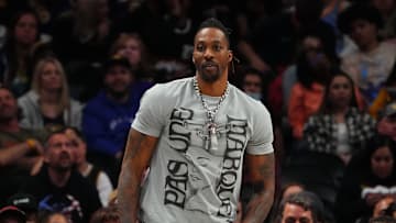 Apr 10, 2022; Denver, Colorado, USA; Los Angeles Lakers center Dwight Howard (39) during the second half against the Denver Nuggets at Ball Arena. Mandatory Credit: Ron Chenoy-Imagn Images