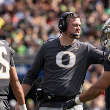 Oregon Ducks head coach Dan Lanning calls to his team during a timeout as the Oregon Ducks host the Oregon State Beavers Sept. 20, 2025, at Autzen Stadium in Eugene, Oregon.