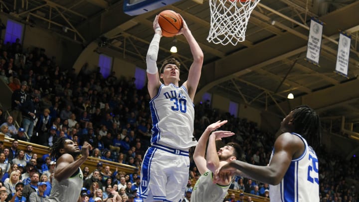 Dec 30, 2023; Durham, North Carolina, USA; Duke Blue Devils center Kyle Filipowski (30) shoots in