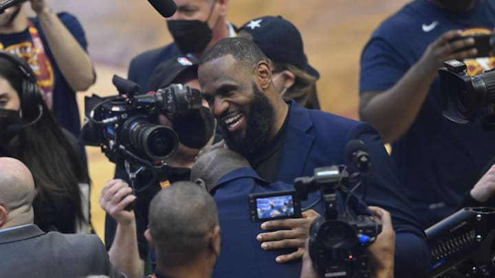 Feb 20, 2022; Cleveland, Ohio, USA; Team LeBron forward LeBron James greets Michael Jordan at halftime during the 2022 NBA All-Star Game at Rocket Mortgage FieldHouse. Mandatory Credit: Kyle Terada-Imagn Images Feb 20, 2022; Cleveland, Ohio, USA; Team LeBron forward LeBron James greets Michael Jordan at halftime during the 2022 NBA All-Star Game at Rocket Mortgage FieldHouse. Mandatory Credit: Kyle Terada-Imagn Images