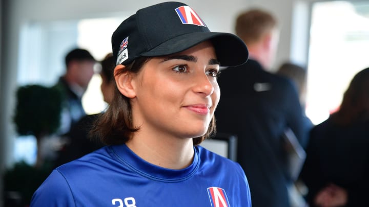 Jun 21, 2024; Salinas, California, USA; IndyNXT Series driver Jamie Chadwick during media availabilities at the Grand Prix Of Monterey at WeatherTech Raceway Laguna Seca. Mandatory Credit: Gary A. Vasquez-USA TODAY Sports