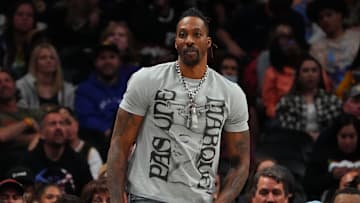 Apr 10, 2022; Denver, Colorado, USA; Los Angeles Lakers center Dwight Howard (39) during the second half against the Denver Nuggets at Ball Arena. Mandatory Credit: Ron Chenoy-Imagn Images
