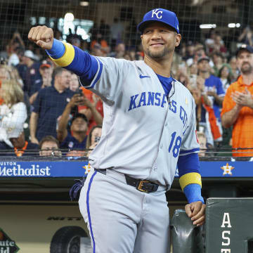 Sep 1, 2024; Houston, Texas, USA; Kansas City Royals designated hitter Yuli Gurriel (18) reacts after a video tribute before the game against the Houston Astros at Minute Maid Park