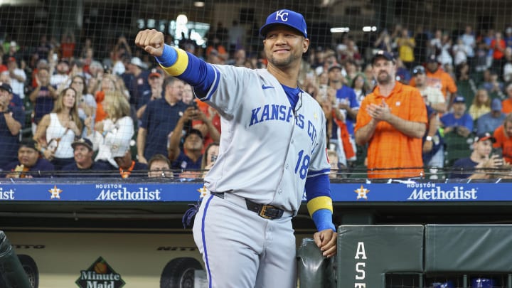 Sep 1, 2024; Houston, Texas, USA; Kansas City Royals designated hitter Yuli Gurriel (18) reacts after a video tribute before the game against the Houston Astros at Minute Maid Park