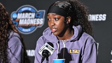 LSU Lady Tigers guard Flau'Jae Johnson talks with the media during an NCAA Tournament practice session.