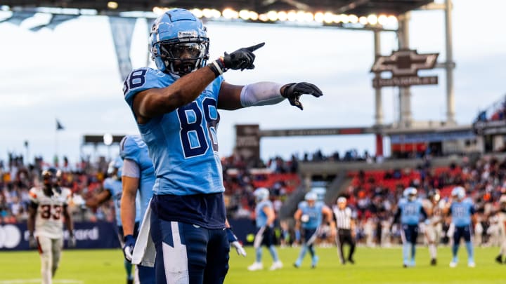 Jun 9, 2024; Toronto, Ontario, CAN; Toronto Argonauts wide receiver Rasheed Bailey (88) celebrates his touchdown against the BC Lions at BMO Field. Mandatory Credit: Kevin Sousa-USA TODAY Sports