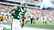 Sep 7, 2025; East Rutherford, New Jersey, USA; New York Jets wide receiver Garrett Wilson (5) celebrates during the second half against the Pittsburgh Steelers at MetLife Stadium. 