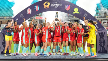 Aug 17, 2024; Kansas City, MO, USA; Kansas City Current midfielder Lo'eau LaBonta (10) raises the trophy with her teammates to celebrate beating Atletico De Madrid to win The Women’s Cup at CPKC Stadium. Mandatory Credit: Jay Biggerstaff-USA TODAY Sports